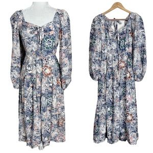 Anthropologie Moon River Puff Sleeves Tie Back Tiered Midi Dress Size XS